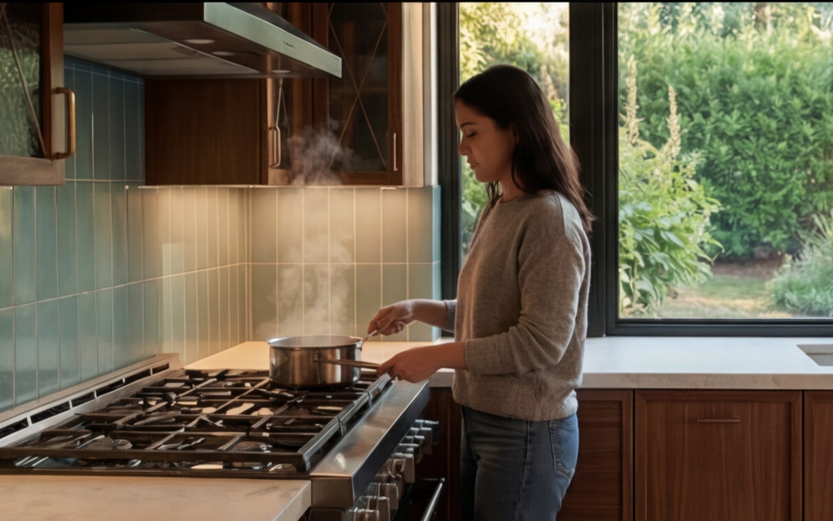 Midcentury kitchen — range in use