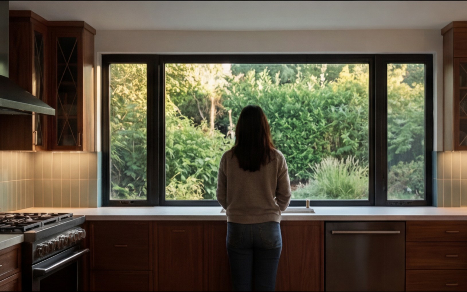 Midcentury kitchen — window wall at dusk