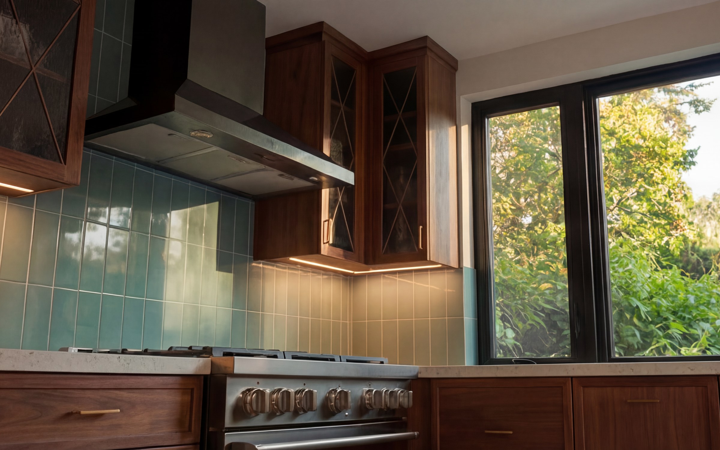 Midcentury kitchen — hood, glass-front uppers and corner glazing