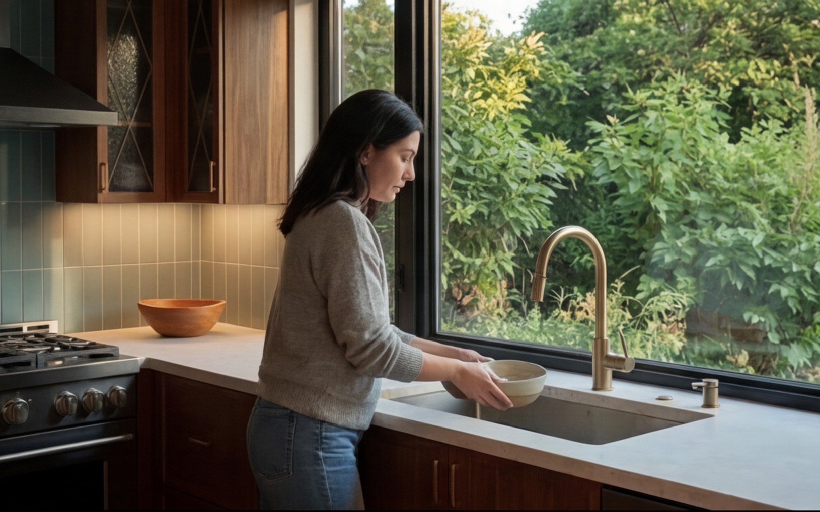 Midcentury kitchen — sink and window