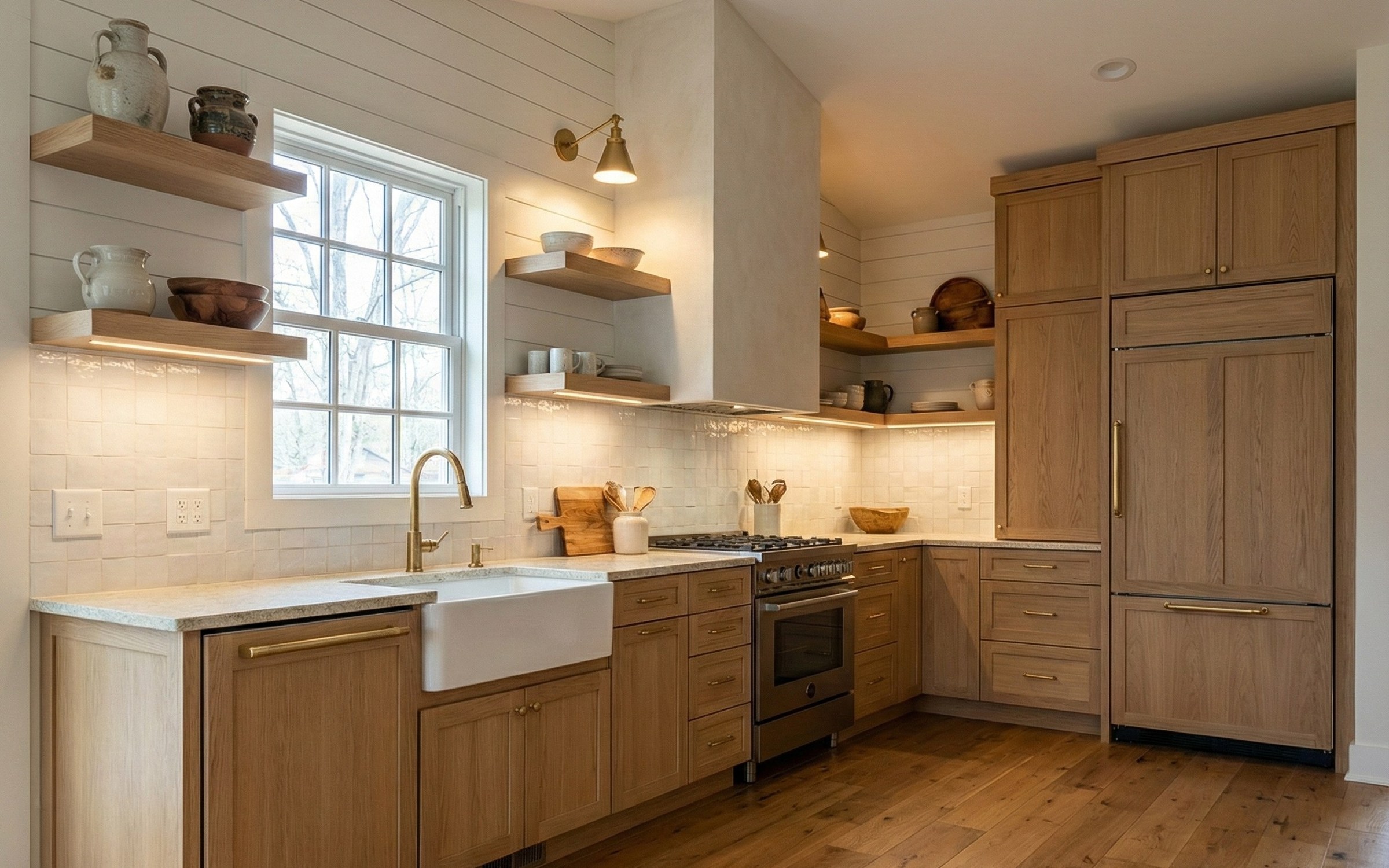 120 Waverly kitchen — white oak scheme, sink and range wall