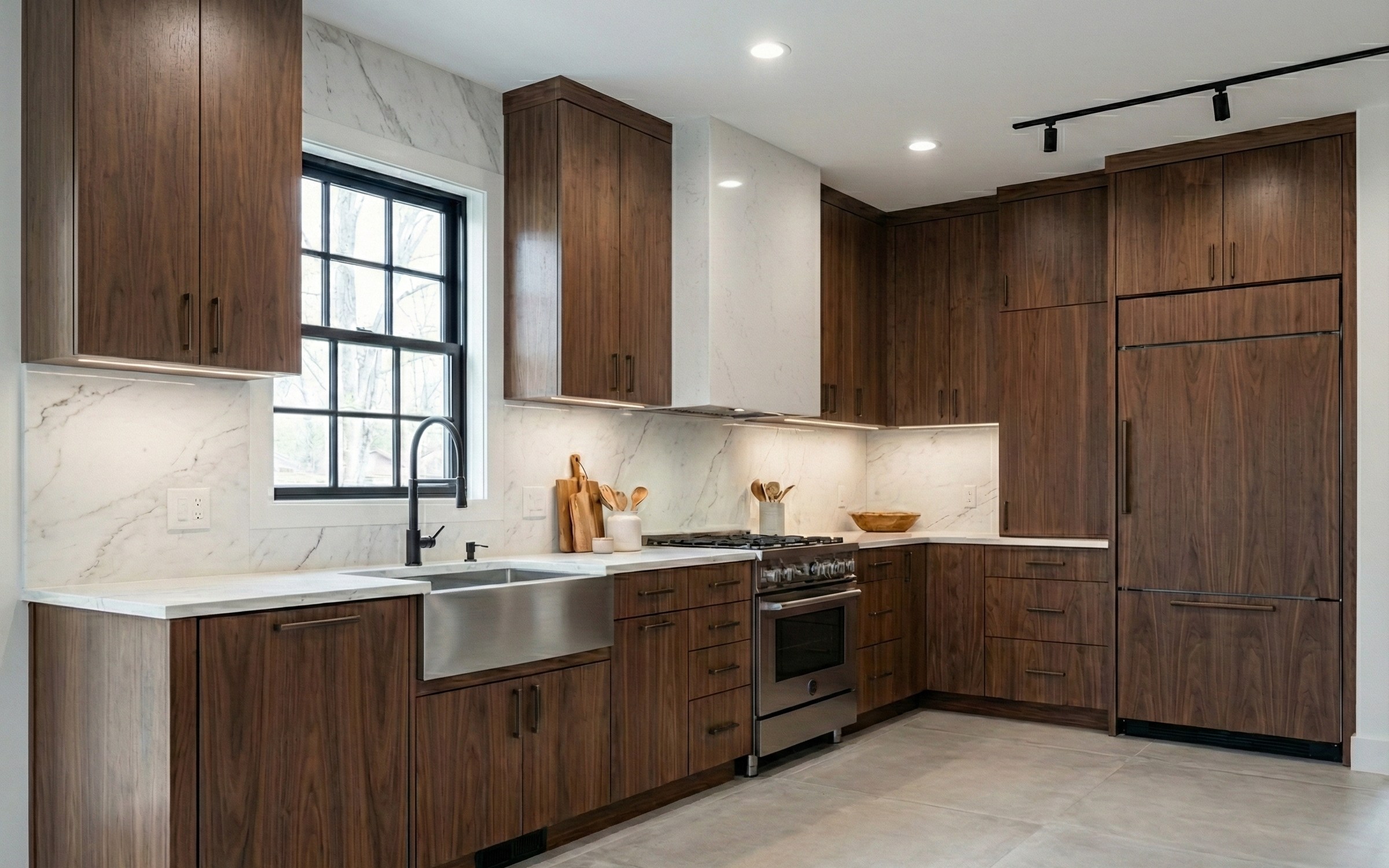 120 Waverly kitchen — walnut scheme, sink and range wall