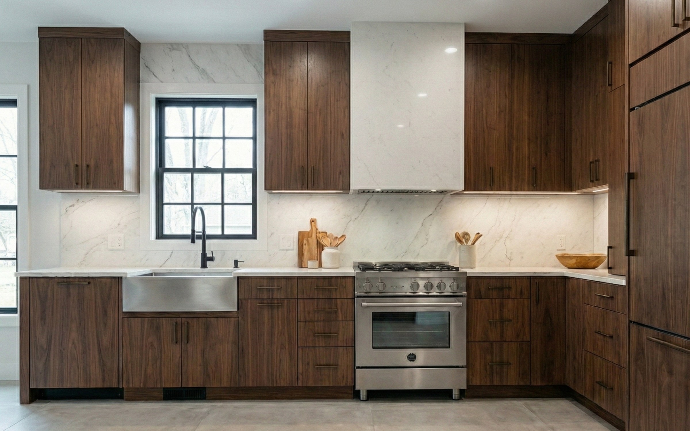 120 Waverly kitchen — walnut scheme, refrigerator run